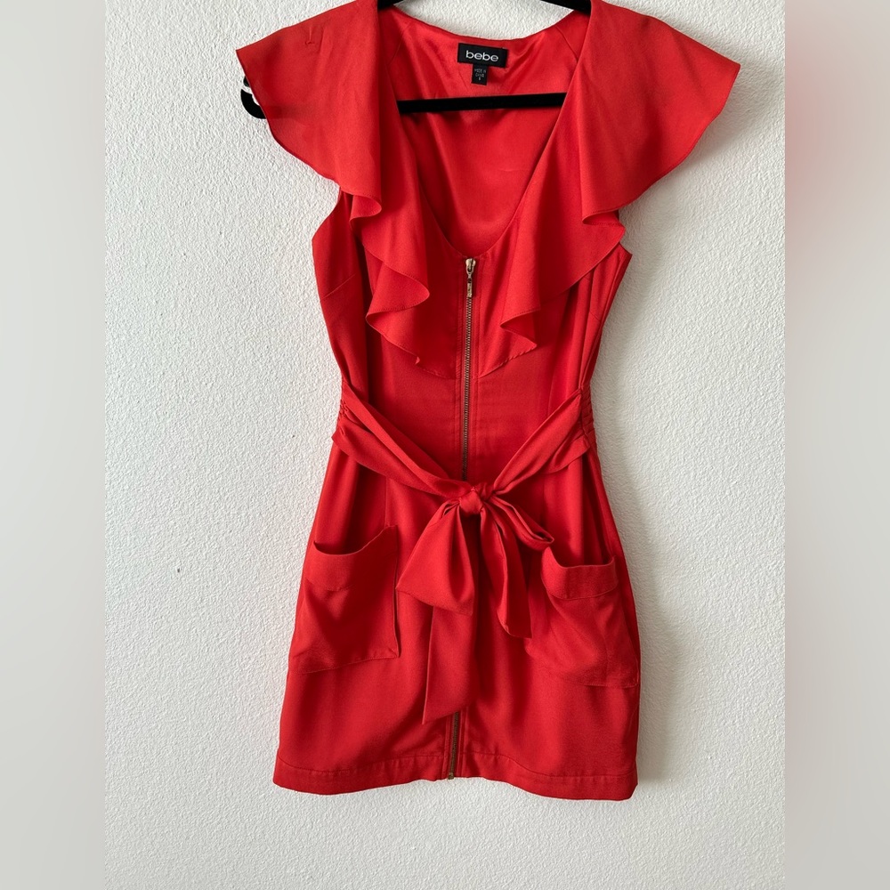 Bebe Dress Ruffle Zip Front Chiffon Wait Tie  Front Red Orange Size Small